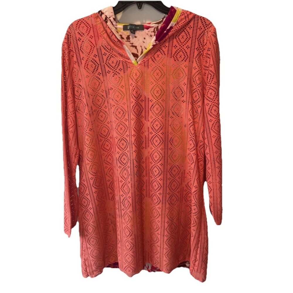 Title Nine Womens Coral‎ Laser Cut Mesh Hooded Tunic Swim Cover Up XL Resortwear